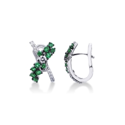 Criss cross hoops in 18k white gold with diamonds and emeralds