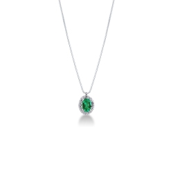 Necklace with pendant, oval emerald crowned by round cut diamonds