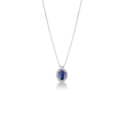 Collar oro blanco de 18K con un zafiro azul rodeado de diamantes