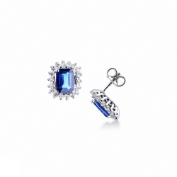 Boucles d'Oreilles en Or Blanc 18k avec Saphirs Bleus Rectangulaires et Diamants