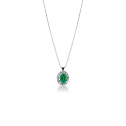 Necklace with pendant, central oval emerald  and  a row of diamonds