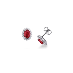 18k white gold halo stud earrings with rubies oval cut and diamonds 