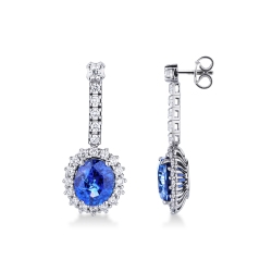 White gold 18k drop earrings with blue sapphires oval cut and diamonds 