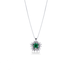 Necklace with pendant, round emerald and crowned by diamonds