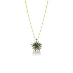Necklace with flower style pendant, central emerald and a crown of diamonds