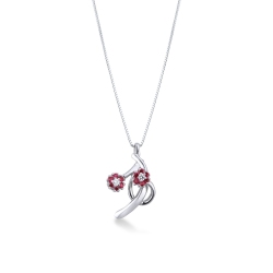 Collier avec pendentif fleurs en or blanc 18k avec rubis et diamants