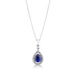 Necklace with pendant, pear shaped sapphire and diamonds