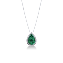 18k white gold drop shaped pendant with emeralds and diamonds