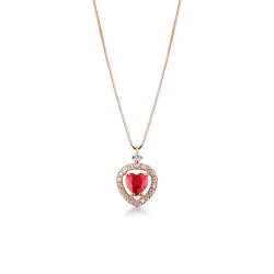 18k rose gold necklace with halo heart ruby and diamonds pendant