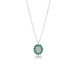 Halo pendant necklace in white gold 18k with emeralds and...
