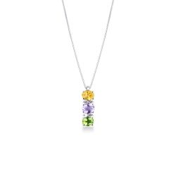 Collier en or blanc 18k avec trilogie de pierres précieuses multicolores