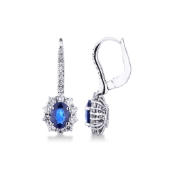 Boucles d’Oreilles Dormeuses en Or Blanc 18k avec Saphirs Bleus et Diamants