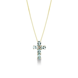 Collier en or jaune 18k avec croix sertie d’aiguemarine et diamant