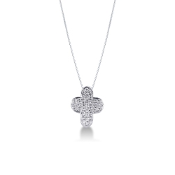 Collier en or blanc 18k avec croix bombée courbée et diamants