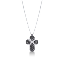 Collar con cruz abombada en oro blanco 18k con diamantes negros y diamante