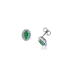 White gold 18k stud earrings with central emeralds and diamonds halo