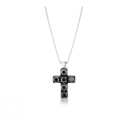 Collier en or blanc 18k avec croix en diamants noirs 50 cm