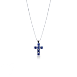 Collana con pendente a croce in oro bianco 18k con zaffiri blu
