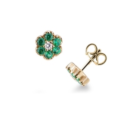 Cluster earrings in 18k yellow gold with emeralds and diamonds