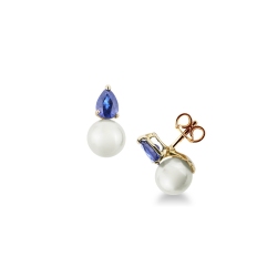 Yellow gold 18k earrings with blue sapphires and pearls