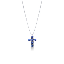 Collier en or blanc 18k avec croix ornée de saphirs bleus