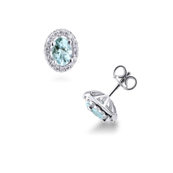 18k white gold halo stud earrings with aquamarine oval cut and diamonds 
