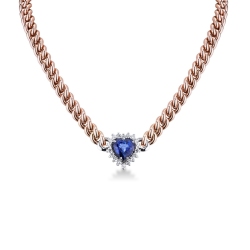 Collier gourmette or rose 18k avec cœur saphir et diamants