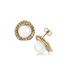 Yellow gold 18k earrings with 10 mm pearls and diamonds halo