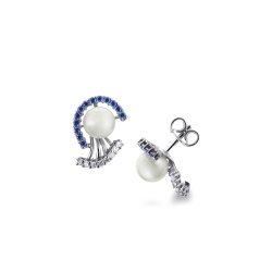 White gold 18k earrings with pearls, blue sapphires and diamonds 