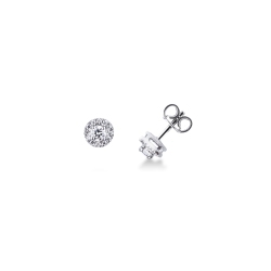 18k white gold earrings with halo in diamonds and central diamond of about 0.10 ct