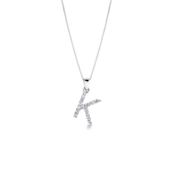 18k white gold necklace with small letter k pendant with diamonds