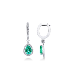 Earrings in white gold 18k with diamonds and emeralds drop cut, 7x7 mm