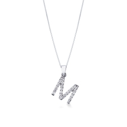 Letter M pendant with diamonds in 18k white gold