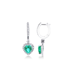 Earrings in white gold 18k with emeralds heart cut, 6x6 mm