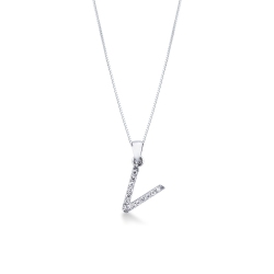 Letter V pendant with diamonds in 18k white gold