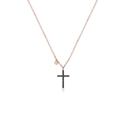 Collana in oro rosa 18k con pendente a Croce in diamanti neri e punto luce con diamante, 50 cm