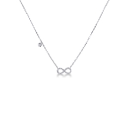 Infinity symbol pendant with diamonds and a single round cut diamond