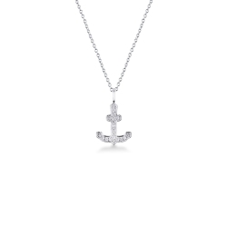 18k white gold necklace with anchor pendant in diamonds, rolò chain, 45+5 cm