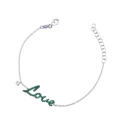 18k white gold bracelet with Love in emeralds and diamond solitaire