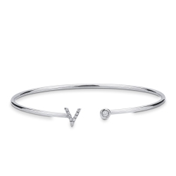 Bracelet rigide en or blanc 18k avec lettre V et diamants
