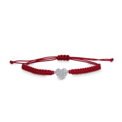 Red fabric cord bracelet with heart charm in white gold 18k and diamonds