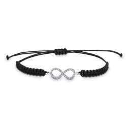 Bracciale in tessuto nero con simbolo infinito in oro bianco 18k e diamanti, Donna