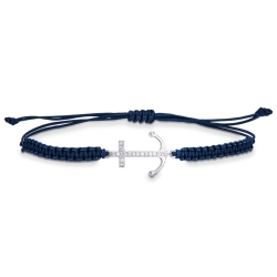 Pulsera de tela azul con ancla en oro blanco 18k y diamantes