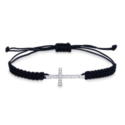 Pulsera de tejido negro con cruz en oro blanco 18k y diamantes