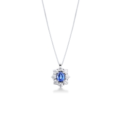 Collier en or blanc 18k avec un saphir bleu halo diamants