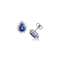 Stud earrings in white gold 18k with blue sapphires pear cut and diamonds 