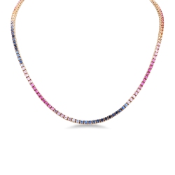 Collier tennis en or jaune 18k serti de saphirs multicolores arc-en-ciel