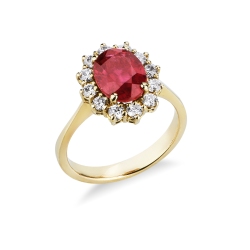 Ruby and diamond halo ring in 18kt yellow gold