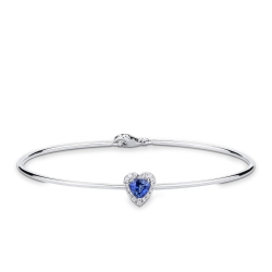 Thin bangle bracelet with diamonds and heart-shaped blue sapphire in 18kt white gold