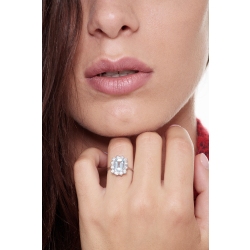 Halo ring with aquamarine emerald cut and diamonds white gold 18k  2